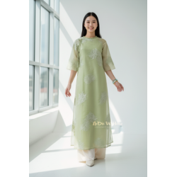 A101 - Set Áo Dài Cách Tân Suông Tơ Thêu Hoa Cúc Green (kèm quần nude)