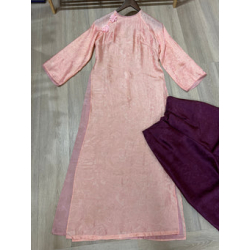 A35 - Set Áo Dài Tencel 4 Tà Hồng/Tím | Kèm Quần Tím