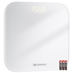 UNIWEIGH Digital Bathroom Scale for Body Weight,Highly Accurate Weight Scale up to 400lbs/180kg,Compact body scales with Sturdy Tempered Glass,LED Display,Step-on,3 Units and Includes batteries,White