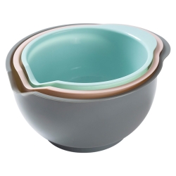 Cheeren Set of 3 Mixing Bowls with Pour Spout-Nesting Design Saves Space - Non-Slip, BPA Free, Dishwasher Safe Plastic - Kitchen Cooking and Baking Supplies (Green Pink Grey)