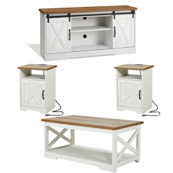 AMERLIFE 4-Piece Farmhouse Table Set Includes Sliding Barn Door TV Stand, Coffee Table& Two End Tables, Side Table with Charging Station and USB Ports, for Living Room, Distressed White, 66"