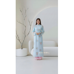M1 - Women’s Áo Dài Tơ Thêu 4 Tà Blue (Áo only)