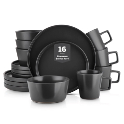 Stone Lain Celina Stoneware 16 Piece Modern Dinnerware Set, Plates and Bowls, Black Matte, Service for 4, Microwave & Dishwasher Safe