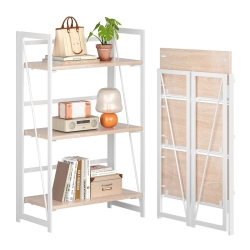 4NM No Assembly 3 Tiers Collapsible Book Shelves, Folding Bookshelf Bookcase Open Industrial Foldable Shelves for Bedroom, Living Room, Home Office - Natural White