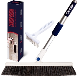 Candor Rotatable Push Broom | 63 Inch Long Lightweight Flexible Cleaning Brush Swiftly Glides Under Beds, Tables, Sofas, Ovens | Also Includes A Handy Brush to Clean The Broom | 18 Inch Head