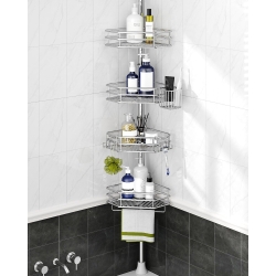 SEIRIONE Corner Shower Caddy Tension Pole, Quick Setup, Rust-Free Bathroom Shower Organizer Corner for Bathtub Shampoo Storage, 4-Tier Adjustable Shelf, Drill Free, Fits 34 to 116 Inch Height, Silver