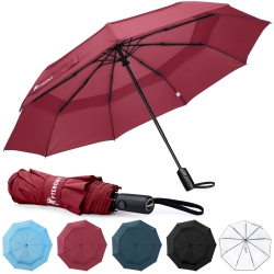 PTEROMY Windproof Compact Travel Umbrellas for Rain and Sun, Withstands 85MPH Winds Auto Open Close Folding Umbrella with Ergonomic Handle, Quick Dry Canopy for Commuting or Backpack(Red, 1PK)