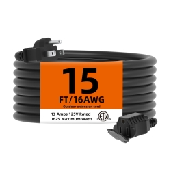 TiFFCOFiO Indoor Outdoor Extension Cord Waterproof, 15 Feet 3 Prong Power Cord for Home and Garden, 16 AWG, 13A/1625W, ETL Listed