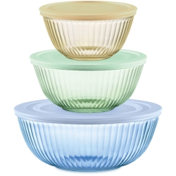 Pyrex Colors Tinted (3-Pack, Full Set) Sculpted Tinted Glass Mixing Bowls With Plastic Lids, Nesting Space Saving Set of Bowls For Prepping and Baking, 1.3QT, 2.3QT & 4.5QT