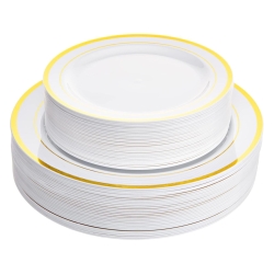 Aya's Cutlery Kingdom 100 White and Gold Plastic Plates for Thanksgiving Dinner - Fancy Plate for Party - 50 (10") Dinner and 50 (7.5") Salad Plates - Heavy Duty, Elegant Disposable Tableware Set