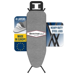 Bartnelli by Rorets Ironing Board Made in Europe | Iron Board with 4 Layered Cover & Pad, Height Adjustable up to 36" Features A Safety Iron Rest, 4 Steel Legs, for Laundry Room or Dorm Use (43x13)