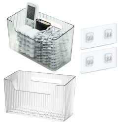 Set Of 2 Storage Organizer Bins Wall Mounted Shower Basket, Shower Caddy Stackable Clear Plastic Makeup Organizer Adhesive Hanging Bin for Bathroom, Kitchen, Cabinet, Pantry, BPA Free, Clear