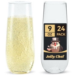 JOLLY CHEF 24 Pack Stemless Plastic Champagne Flutes 9 oz, Crystal Clear Stemless Plastic Toasting Glasses, Clear Disposable Unbreakable Drinkware Ideal for Wedding, Birthday, Party, Christmas