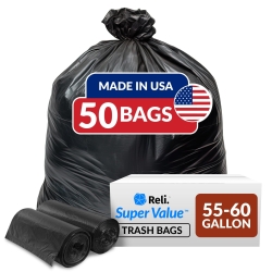 Reli. 55-60 Gallon Trash Bags Heavy Duty | 50 Bags | 50-60 Gallon | Large Black Garbage | Made in USA