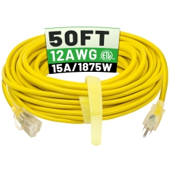 POWGRN 50 ft 12/3 Outdoor Extension Cord Waterproof Heavy Duty with Lighted Indicator End 12 Gauge 3 Prong, Flexible Cold-Resistant Long Power Cord Outside, 15Amp 1875W SJTW Yellow ETL Listed