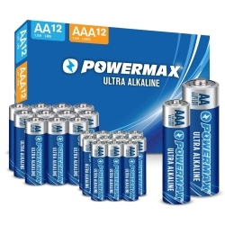Powermax Alkaline Batteries 24-Count Combo Pack, (12 Double AA, 12 Triple AAA), Ultra Long Lasting Battery for Home and Office, 10-Year Shelf Life, Reclosable Packaging