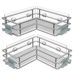 Nieifi Corner Shower Shelves Stainless Steel, Adhesive Shower Caddy Basket Rack with Hooks, Rust Proof for Bathroom Shelf Shampoo Holder (Silver, 2 Pack)