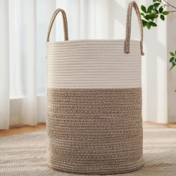 JMvicyroam Large Woven Laundry Basket Hamper,60L Cotton Rope Storage Bin for Blankets,Toys and Clothes,Decorative Tall Nursery Hamper for Living Room,Baby Nursery,Bathroom and Bedroom,Brown