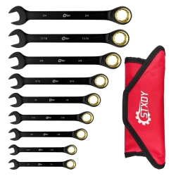STXDY 9PCS Anti-Slip Ratcheting Combination Wrench Set, SAE 1/4"-3/4", 72-Tooth, Cr-V Steel, 12 Point with Roll Up Pouch