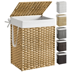 SONGMICS Laundry Hamper with Lid, 23.8 Gallon (90 L) Synthetic Rattan Clothes Laundry Basket with Lid and Handles, Foldable, Removable Liner, Goose Yellow ULCB51NL