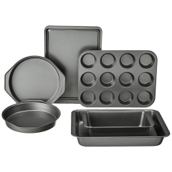 Amazon Basics 6 Piece Nonstick Carbon Steel Bakeware Set with Cake, Muffin, Cookie, and Loaf Pans, Easy Release, Oven Safe, 16.25 x 11.75 x 6.25 inches