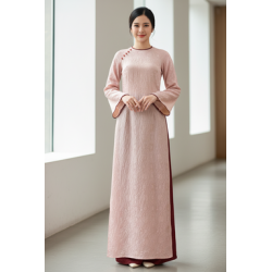 A112 - Set Áo Dài Suông Tencel Hồng Nhạt | Kèm Quần Tencel Đỏ Nâu