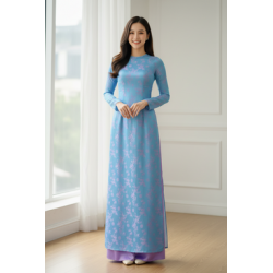 A132 - Áo Dài Gấm 2 da Trúc Hỷ Blue/Pink