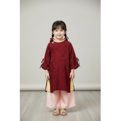 G06 - Girl’s Set Áo Dài Tơ Tencel Thọ Dơi 4 Tà Nâu Đỏ/Vàng (kèm quần)