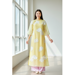 A100 - Set Áo Dài Cách Tân Suông Tơ Vàng Thêu Hoa Cúc (kèm quần hồng)