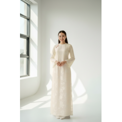 A48 - Áo Dài Suông Tằm Pha Trắng Kem kết đá hồng | Áo Only